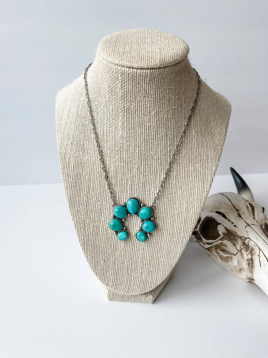 Turquoise Semi Stone Squash Blossom Pendant Necklace